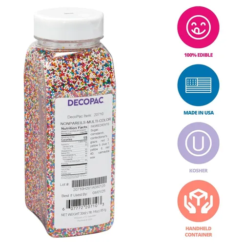 Vista 2 de DECOPAC Nonpareils multicolores, 30 oz/85 g, gránulos elegantes en recipiente de mano, gránulos comestibles para pasteles de celebración, cupcakes