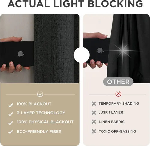 Vista 5 de Joydeco - Cortinas 100% opacas, 2 paneles de lino natural para oscurecer habitación, aislamiento térmico, trabillas traseras y bolsillo para barra