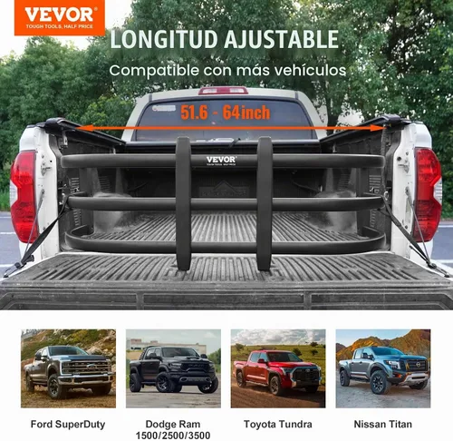 Vista 2 de VEVOR Extensor de caja de camión, extensor retráctil de aluminio para puerta trasera, longitud ajustable de 51.6 a 64 pulgadas, requiere taladro, se