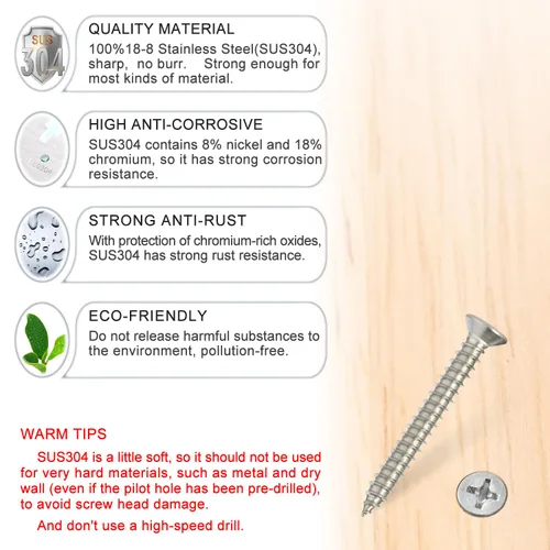 Vista 2 de Tornillos para madera, 120 tornillos Phillips de cabeza plana, tornillo de acero inoxidable 304 con kit de avellanado de madera ajustable (#4 x 1)