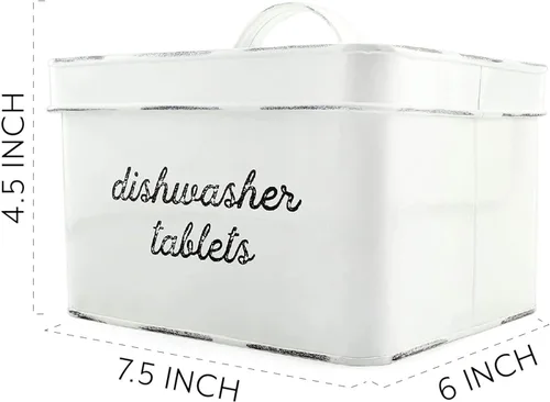 Vista 6 de AuldHome - Soporte para cápsulas de lavavajillas, contenedor para tabletas; esmalte blanco rústico para almacenamiento de cocina con tapa