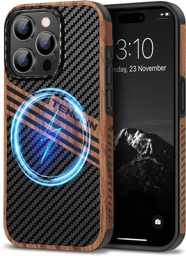 Vista 16 de TENDLIN Compatible con Funda para iPhone 15, Funda de Madera con Textura de Fibra de Carbono, Diseño Híbrido de Cuero Delgado (Negro)