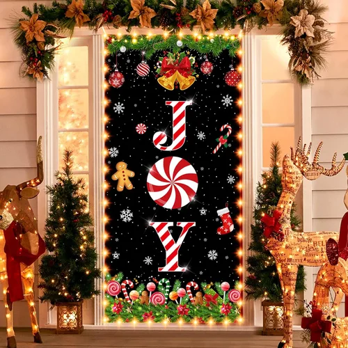 Vista 3 de JOY - Cubierta de puerta de Navidad con luces LED, decoración de puerta de caramelo de menta de Navidad para puerta delantera, piruleta, copo