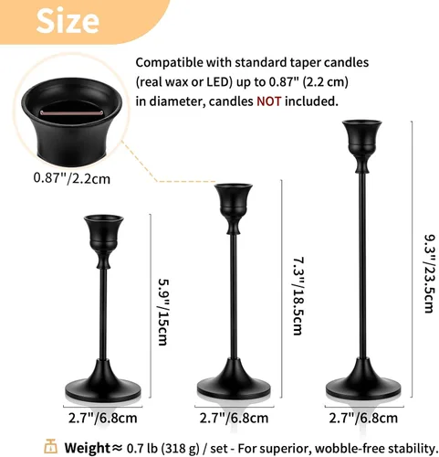 Vista 4 de Nuptio 3 portavelas negros para velas cónicas para mesa de comedor, portavelas de Halloween para velas cónicas, centro de mesa decorativo