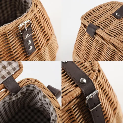 Vista 4 de Cesta de picnic de mimbre, cesta de pesca Creel, cesta de regalo de transporte con tapa y correa para el hombro