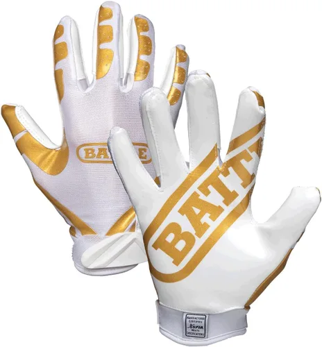 Battle Sports Guantes de Fútbol Americano Ultra-Stick Wide Receiver - Guantes de Fútbol Americano para Adultos y Jóvenes Dorado/blanco