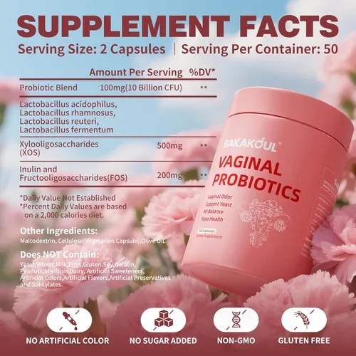 Vista 2 de BAKAKOUL Suplemento de probióticos vaginales con prebióticos y mezcla de probióticos de Lactobacillus para el equilibrio del pH en mujeres