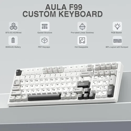 Vista 2 de AULA Teclado mecánico inalámbrico F99, triple modo Bluetooth 5.02.4GHzUSB-C, teclado personalizado intercambiable en caliente, interruptores