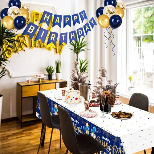 Vista 8 de DUAIAI Decoraciones de feliz cumpleaños, 1 mantel de cumpleaños azul marino y dorado para niños, niñas, hombres y mujeres, funda rectangular