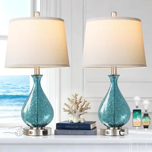QiMH Juego de 2 lámparas de mesa de cristal para sala de estar y dormitorio, luz LED de 22.5 pulgadas con control táctil, azul de 3 vías regulables,