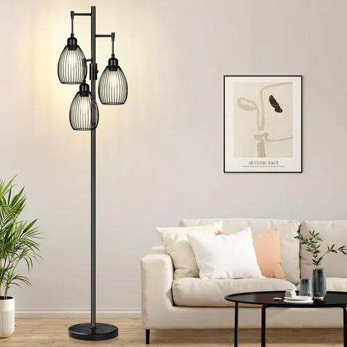 Vista 12 de Lámpara de pie regulable, 3 bombillas LED Edison de 800LM incluidas, lámpara de pie industrial de granja con elegante cabeza de jaula