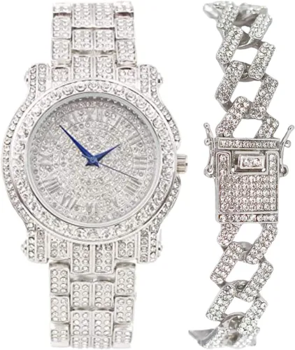 Vista 20 de Charles Raymond Reloj redondo de lujo para hombre totalmente incrustado con brillantes en plata con pulsera Bling-ed Out - L0504B