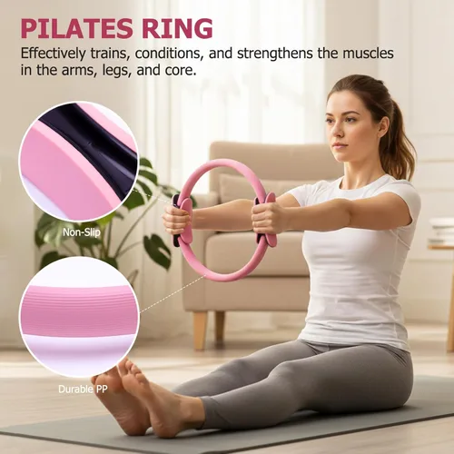 Vista 6 de Kit de entrenamiento en casa todo en uno para mujer, kit de pilates con pesas de tobillo, círculo mágico de 12 pulgadas, bandas de resistencia, mini
