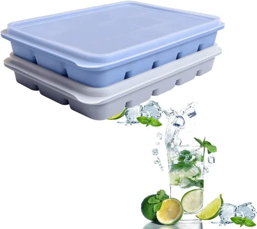 Vista 13 de Juego de 2 bandejas para cubitos de hielo, fáciles de liberar, 15 moldes flexibles de silicona para cubitos de hielo con tapa extraíble, bandejas