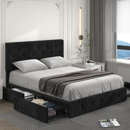 Queen Size Bed Frame Platform with 4 Storage Drawers, Adjustable Tufted Button Velvet Headboard, No Need for a Box Spring, Wood Slat Support, Easy