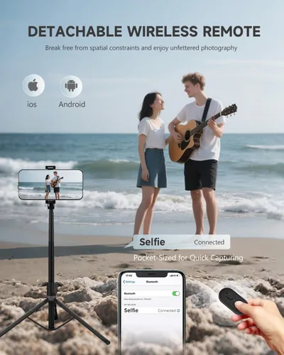 Vista 4 de Trípode para teléfono de 71" y palo para selfie, portátil todo en uno soporte extensible para teléfono celular, con control remoto inalámbrico