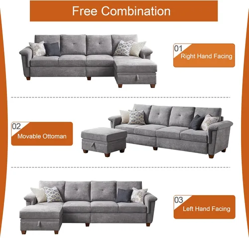 Vista 6 de Sofá Seccional de 108 pulgadas, Sofá Convertible en Forma de L con Otomana y Gran Almacenamiento, Sofá Seccional de 4 Asientos con Portavasos, Sofás