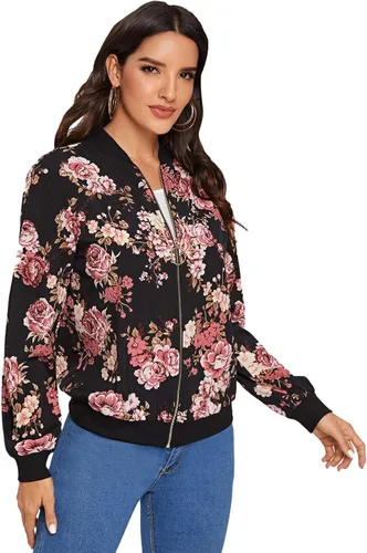 Vista 4 de MakeMeChic Chaqueta de béisbol de manga larga con estampado floral para mujer
