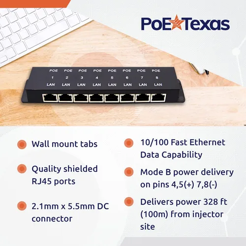 Vista 3 de Inyector PoE World PoE Inyector de alimentación a través de Ethernet de 8 puertos para dispositivo pasivo 8 LAN+puerto PoE 10/100 Velocidad de datos