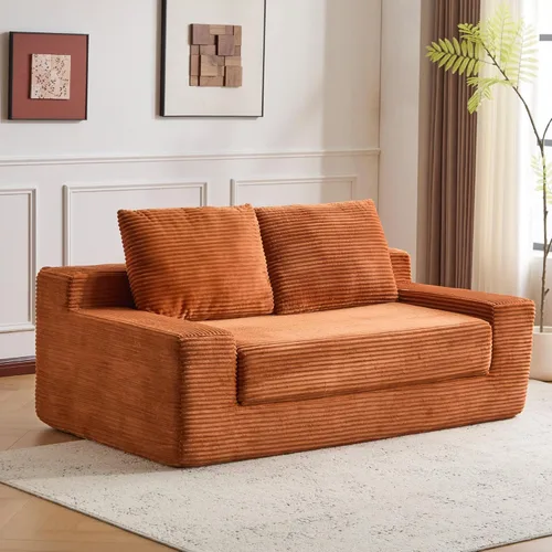 Deep Seat Loveseat Sofa Bed, Modern Small Corduroy Couch Ideal for Living Room Bedroom, Reversible Cushion with Pillows, No Assembly, Orange