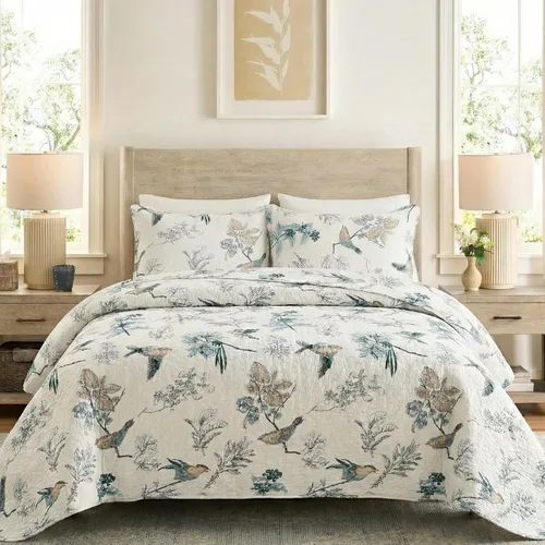Vista 12 de DURLENGEN Juego de edredón a rayas tamaño Queen 3 piezas, diseño bohemio con rayas blancas, verde menta, azul y gris, juego de edredón ligero