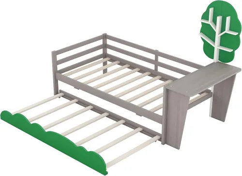 Vista 4 de Anwick Base de cama individual con escritorio y nido, sofá cama de madera con escritorio y estantes en forma de árbol verde, cama de plataforma