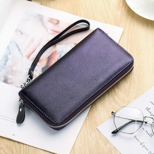 Vista 6 de Moflycom Cartera para mujer con bloqueo RFID, de piel auténtica, con cremallera alrededor, cartera de mano, cartera de mano, cartera larga de viaje