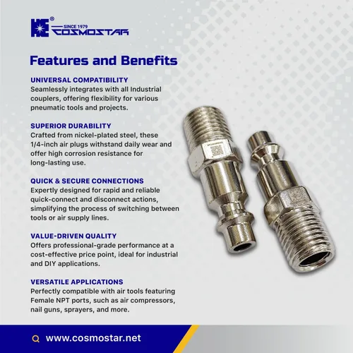 Vista 7 de COSMOSTAR Industries - Enchufe de aire MNPT de acero de 1/4 de pulgada, enchufe de 1/4 de pulgada y conector NPT de 1/4 pulgadas, enchufes