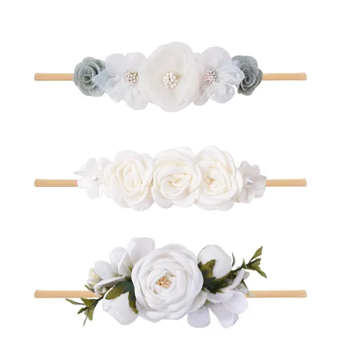 Vista 21 de Diadema floral de nailon para bebé, corona de flores, banda elástica para el cabello, 3 piezas, accesorios para el cabello, regalo para niñas, 2#