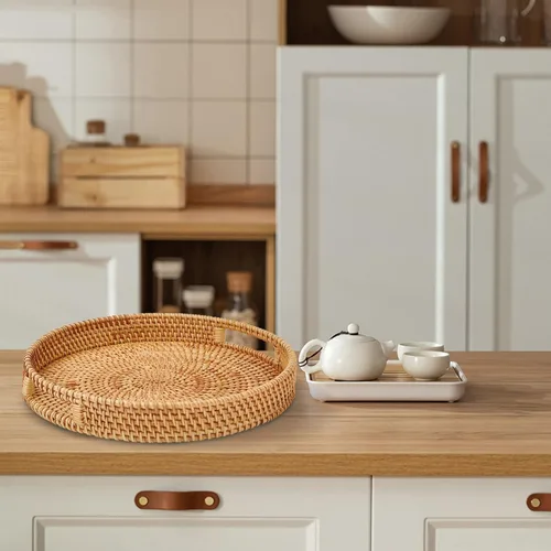 Vista 6 de Bandeja redonda de ratán con asas, cesta tejida a mano, bandeja organizadora de decoración del hogar para desayuno, té, aperitivos, frutas, café