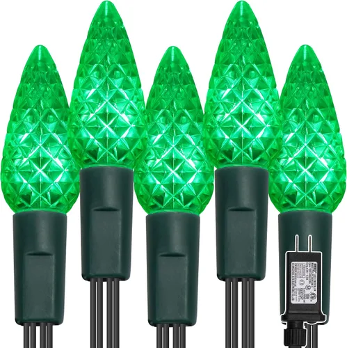 Vista 19 de WATERGLIDE Luces de Navidad C6, 33 pies, 100 luces LED facetadas, luces de hadas de alambre verde con adaptador seguro, 8 modos de iluminación Rojo