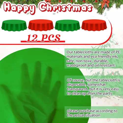 Vista 2 de Juexica 12 Piezas Manteles de Plástico Navideños de 84 Pulgadas Redondos Desechables Mantel de Plástico Impermeable Decorativo Cubierta de Mesa Rojo