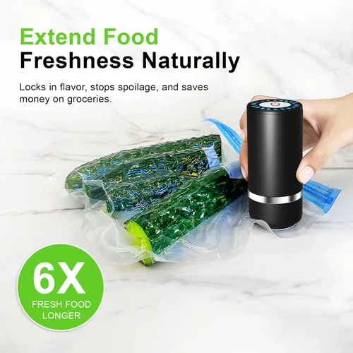 Vista 2 de Sellador al vacío de mano para alimentos, sellador al vacío de tarros Mason + tapón de vacío de 4 vinos + 10 bolsas de vacío reutilizables, mini