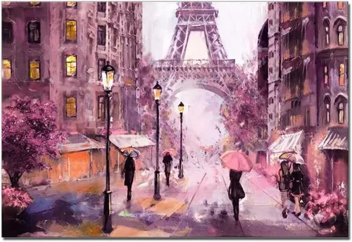 Lienzo rosa de la Torre Eiffel de París, arte de pared para dormitorio, pintura al óleo, paraguas de calle París, paisaje, impresión artística para