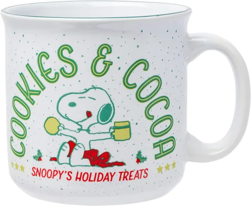 Silver Buffalo Snoopy de Navidad de Peanuts, galletas y cacao, delicias festivas de Snoopy, taza grande de cerámica estilo cámper, 20 onzas