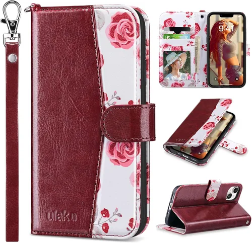 Vista 28 de ULAK Funda tipo cartera compatible con iPhone 14 para mujer, de piel sintética, diseño floral, con tarjetero y función atril, funda protectora tipo