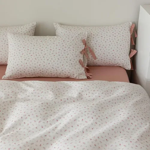 Vista 7 de MKXI Juego de ropa de cama con diseño de corbata de moño linda y rayas de flores rosas, tamaño individual, de algodón - Funda de edredón