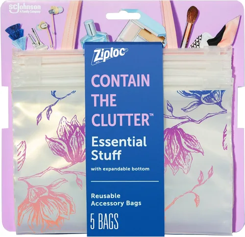 Ziploc Bolsa de maquillaje y accesorios de viaje reutilizable, ideal para la escuela o el trabajo, colección de dijes, 5 bolsas de estilo esencial