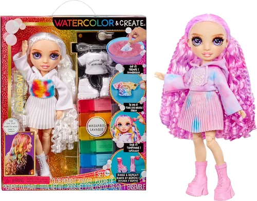 Vista 10 de Rainbow High Muñeca de moda DIY para crear con acuarelas y crear con kit de tie-dye lavable, ojos verdes, cabello largo y liso, top y zapatos