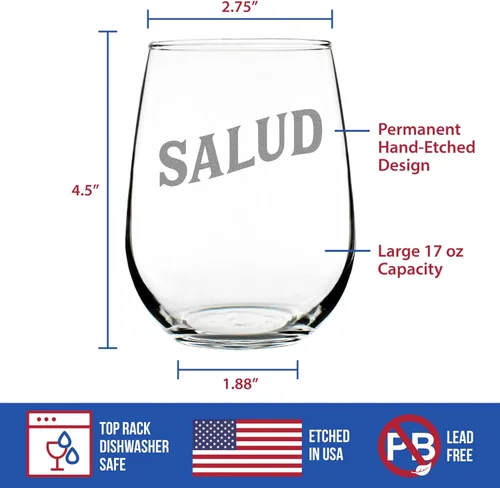 Vista 4 de Custom Salud Spanish Cheers - Personalized Stemless Wine Glass - Unique Spain Themed Gifts or Party Decor - Large 17 Ounce - Customized Wine Glass