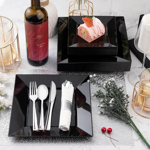 Vista 5 de Goodluck 100 Pack de Platos Desechables Cuadrados Negros, Platos de Plástico Resistente: 50 Platos de Cena de 24.1 cm y 50 Platos de Postre de 16.5