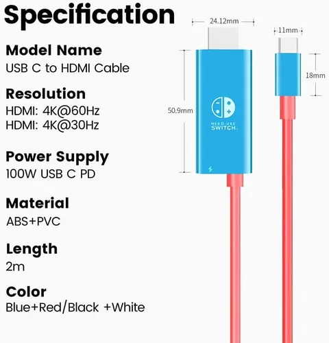 Vista 6 de Cable de conversión USB tipo C a HDMI para modo de acoplamiento de TV, compatible con Nintendo Switch, Steam Deck, Samsung Dex Station
