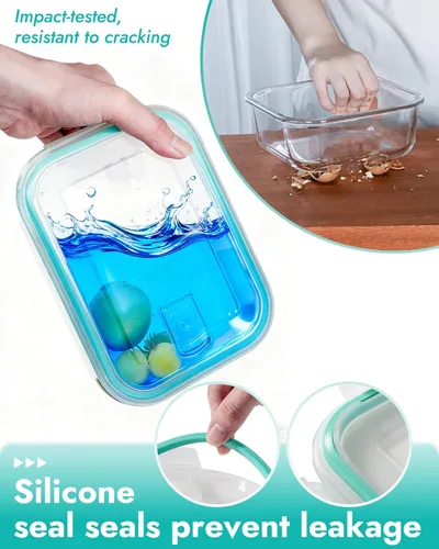 Vista 2 de Juego de 6 recipientes de vidrio de borosilicato para almacenamiento de alimentos con tapas herméticas, aptos para horno, microondas y congelador, a