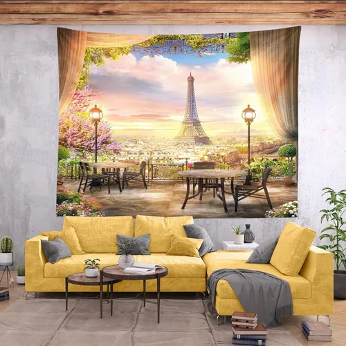 Vista 3 de BELECO Tapiz de París para colgar en la pared, romántico tapiz de jardín de la torre Eiffel, 60 x 40 pulgadas, cafetería, terraza, flores, mesas