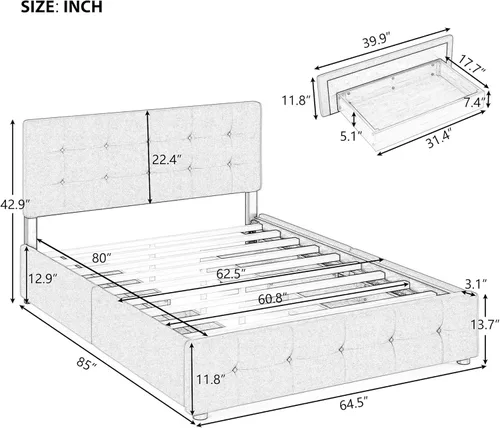 Vista 9 de P PURLOVE Cama de plataforma tapizada con 4 cajones, tamaño Queen, plataforma de almacenamiento con cabecero, no necesita somier, marco de cama beige