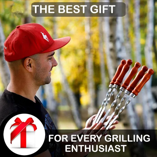 Vista 7 de Brochetas de barbacoa prémium con asas de madera de 22 pulgadas, brochetas de acero inoxidable largas y reutilizables, para asar a la parrilla