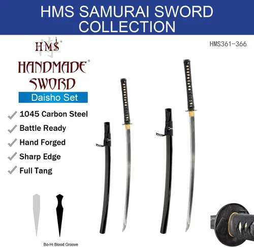Vista 9 de HMS Katana samurái japonesa y Wakizashi Daisho Combo Set, Warrior and Temple Tsuba, templado térmico forjado a mano, acero al carbono 1045, vaina
