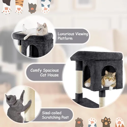 Vista 4 de Yaheetech Árbol para gatos de 33.5 pulgadas, torre pequeña para gatitos con gran percha y 2 acogedores condominios, postes de rascar de sisal