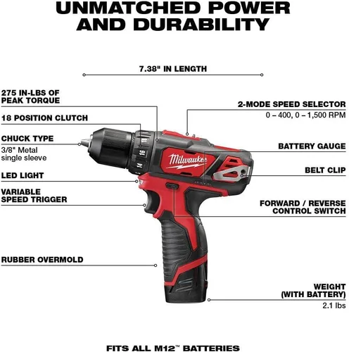 Vista 3 de Milwaukee 2498-25 M12 12V Cordless 5-Tool Combo Kit: 2407-20 3/8 in.Drill/Driver + 2462-20 1/4 in. Hex Impact Driver+2420-20 Hackzall Recip