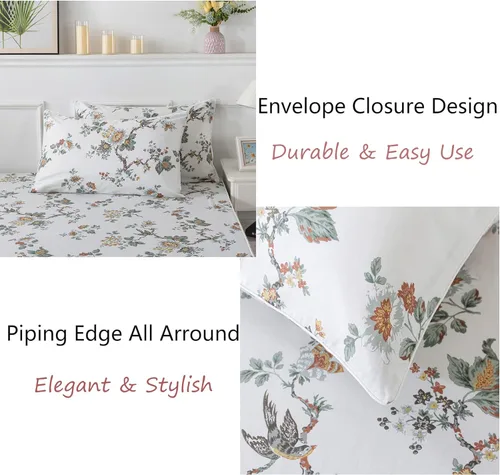 Vista 6 de FADFAY Juego de sábanas para cama individual, elegante ropa de cama floral con estampado de pájaros beige desgastado, juego de sábanas vintage